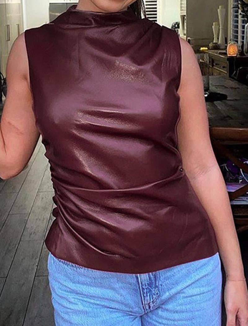 Armour Faux Leather Ruched Sleeveless Top