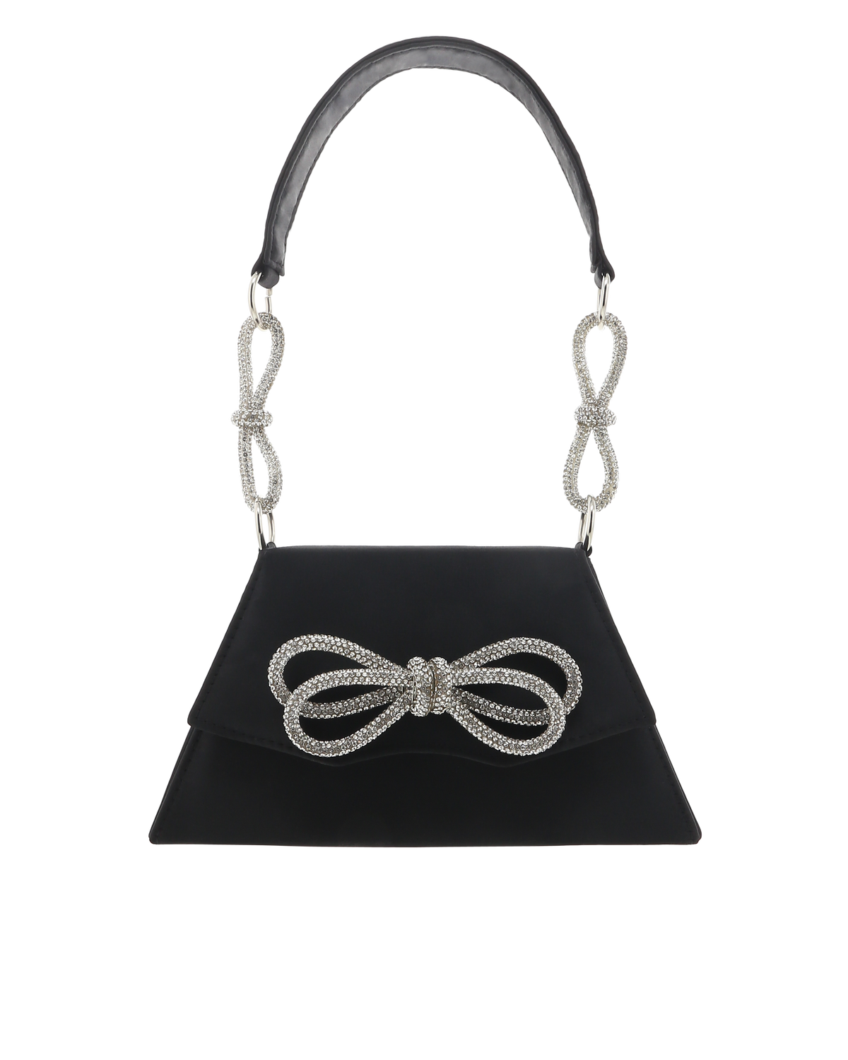 A black leather handbag with a structured envelope shape, featuring a large rhinestone-embellished bow on the front flap and matching rhinestone-encrusted strap loops at the sides of the shoulder strap.