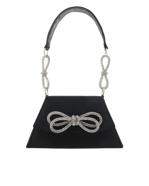 A black leather handbag with a structured envelope shape, featuring a large rhinestone-embellished bow on the front flap and matching rhinestone-encrusted strap loops at the sides of the shoulder strap.