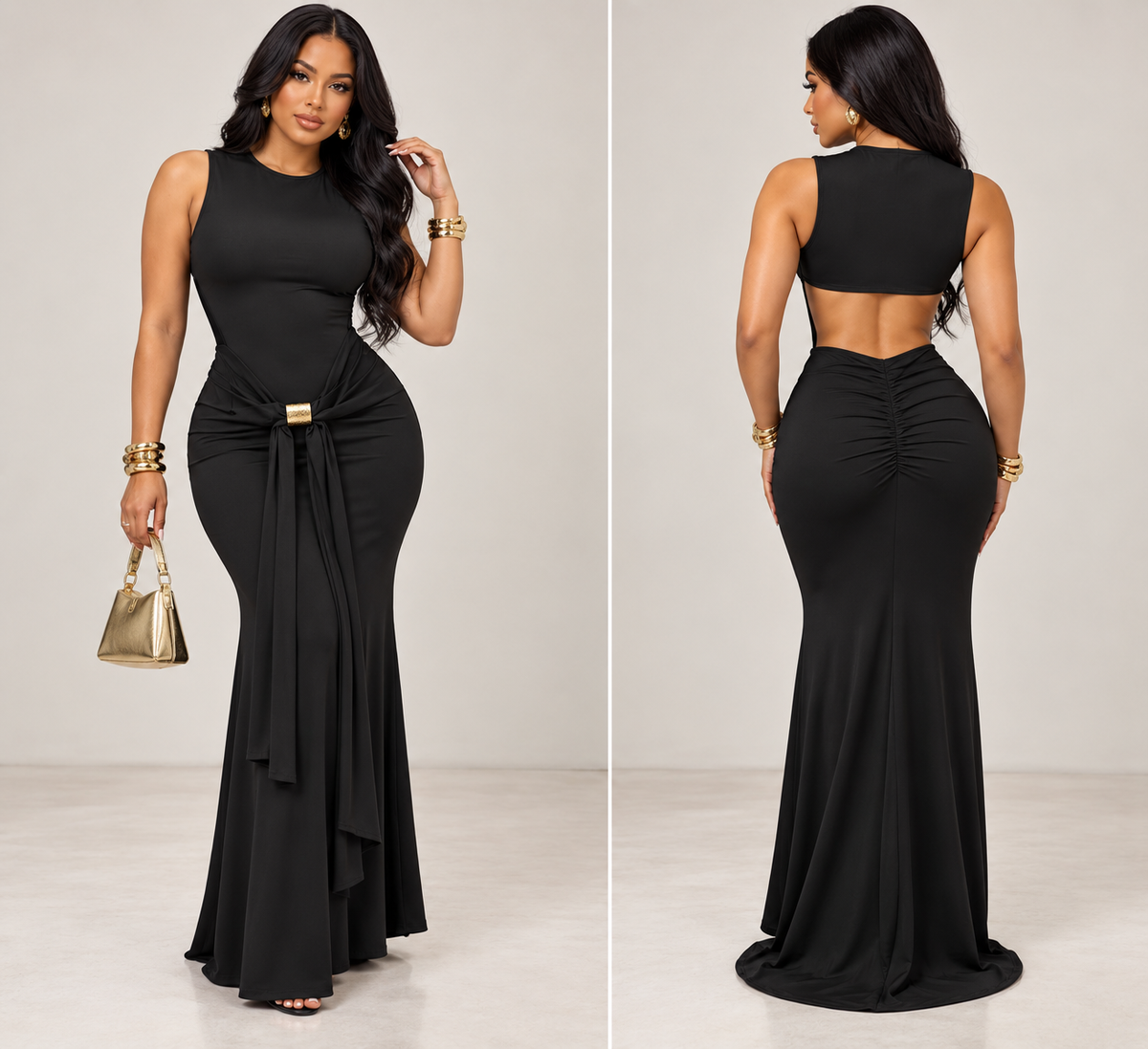 A woman modeling a sleeveless black mermaid-style gown shown from the front and back against a plain light studio background. The dress has a fitted bodice, draped side detail with a gold-tone belt accent, and a ruched back cutout.