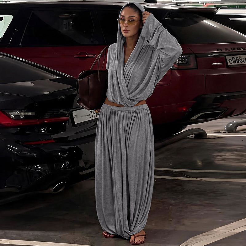 Just Relax Hooded Long Sleeve Top Pleated Loose Maxi Skirt Set