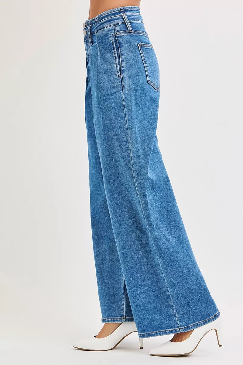 Side view of On the Rise Wide Leg Pleated Jeans white background