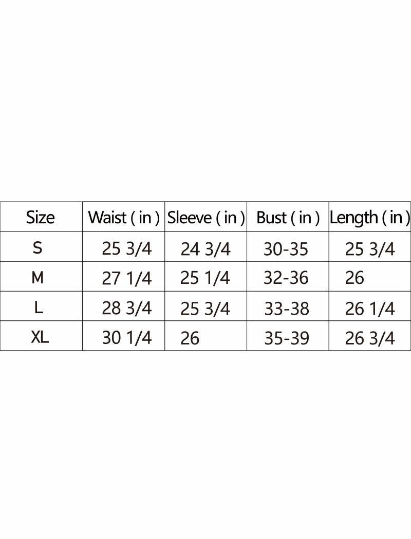 A size chart table showing measurements for sizes S, M, L, and XL, with columns for Size, Waist (in), Sleeve (in), Bust (in), and Length (in) on a white background.