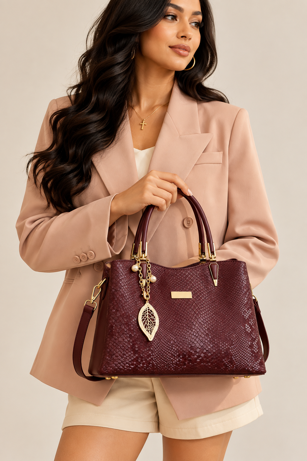 A woman wearing a blush pink blazer and beige shorts holds a burgundy textured handbag with gold hardware and a hanging leaf charm against a light beige background.