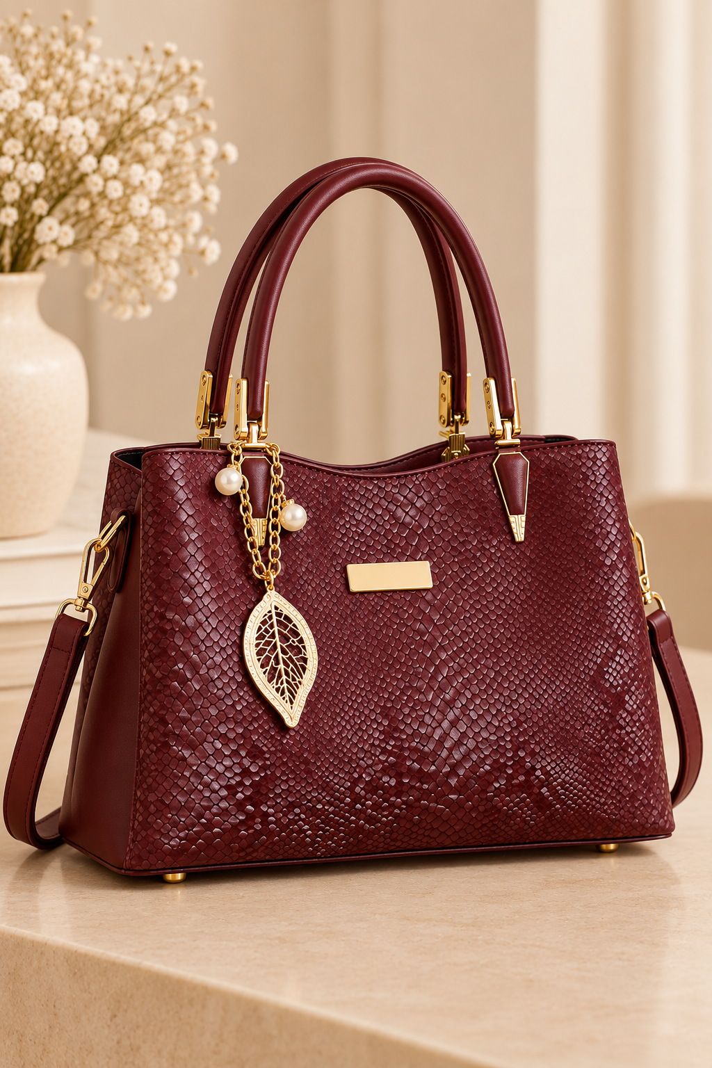 A burgundy textured leather handbag with gold-tone hardware, pearl accents, and a leaf-shaped charm, displayed on a beige surface with a vase of flowers in the background.