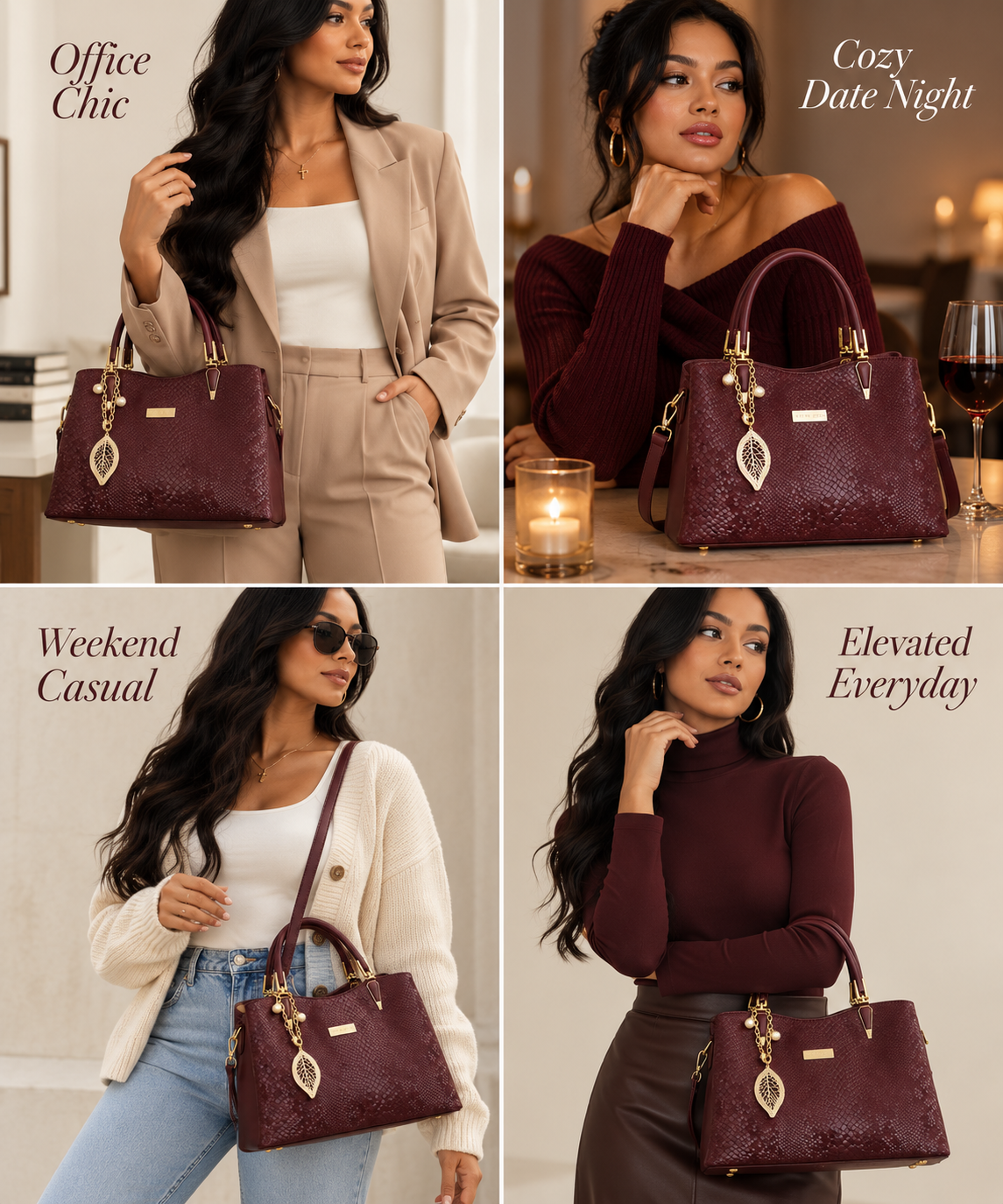 A four-panel collage showing a burgundy embossed handbag worn and carried by a model in different outfits and settings, with text labels reading 'Office Chic,' 'Cozy Date Night,' 'Weekend Casual,' and 'Elevated Everyday.'.