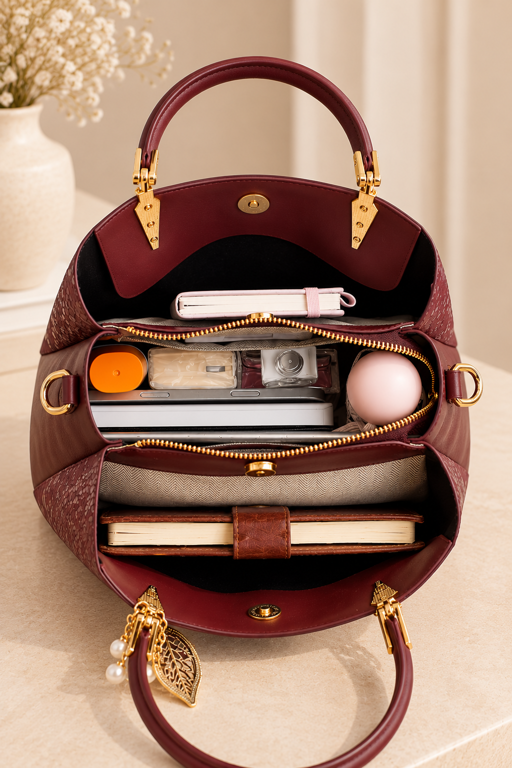 An open burgundy leather handbag with gold-tone hardware, shown from above to reveal its interior compartments filled with travel accessories and a notebook. The bag is set on a light beige surface with a soft, neutral background.