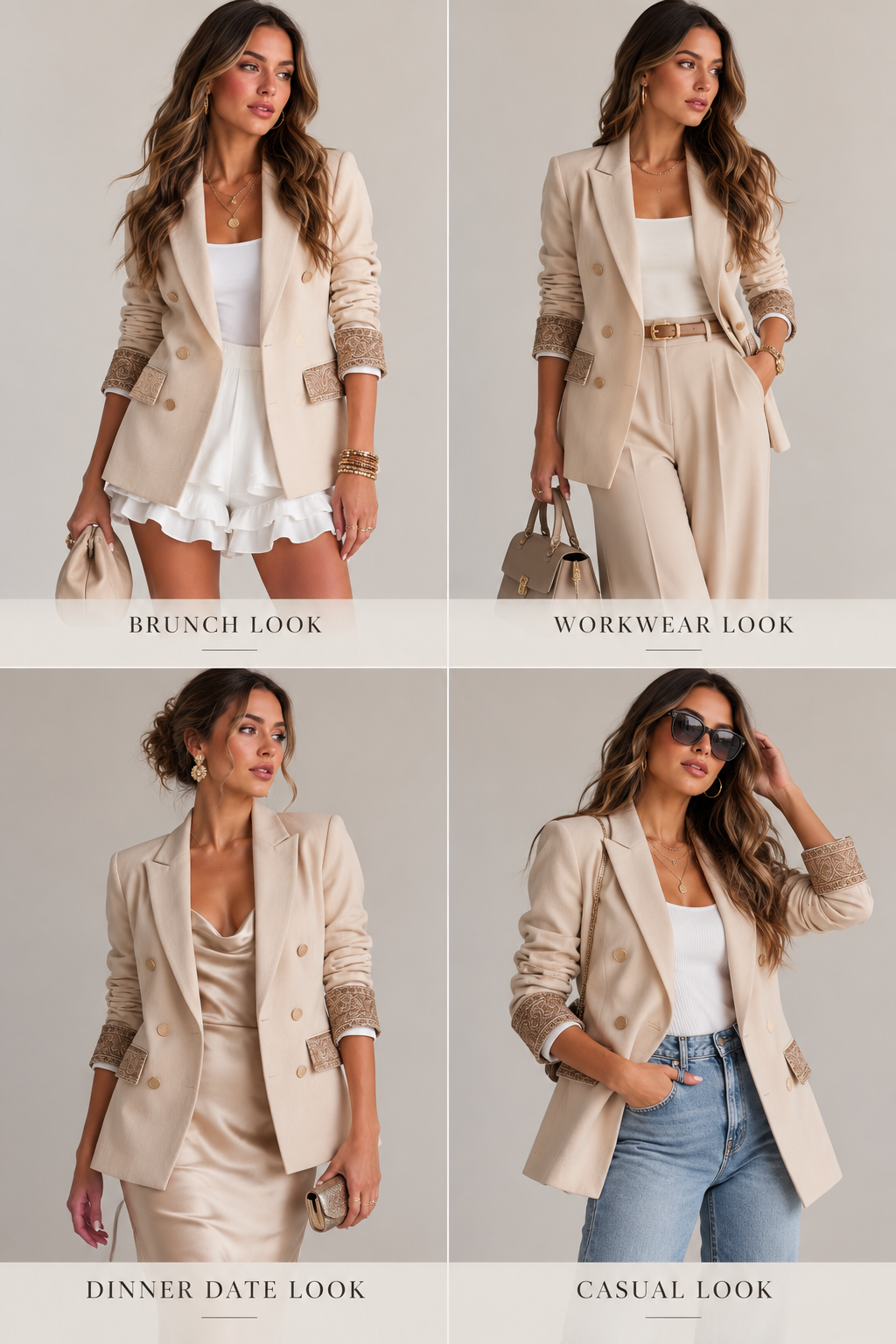 A four-panel collage showing a woman modeling a beige double-breasted blazer with textured knit cuffs in four different outfit combinations: brunch, workwear, dinner date, and casual. Each panel includes a text label underneath.
