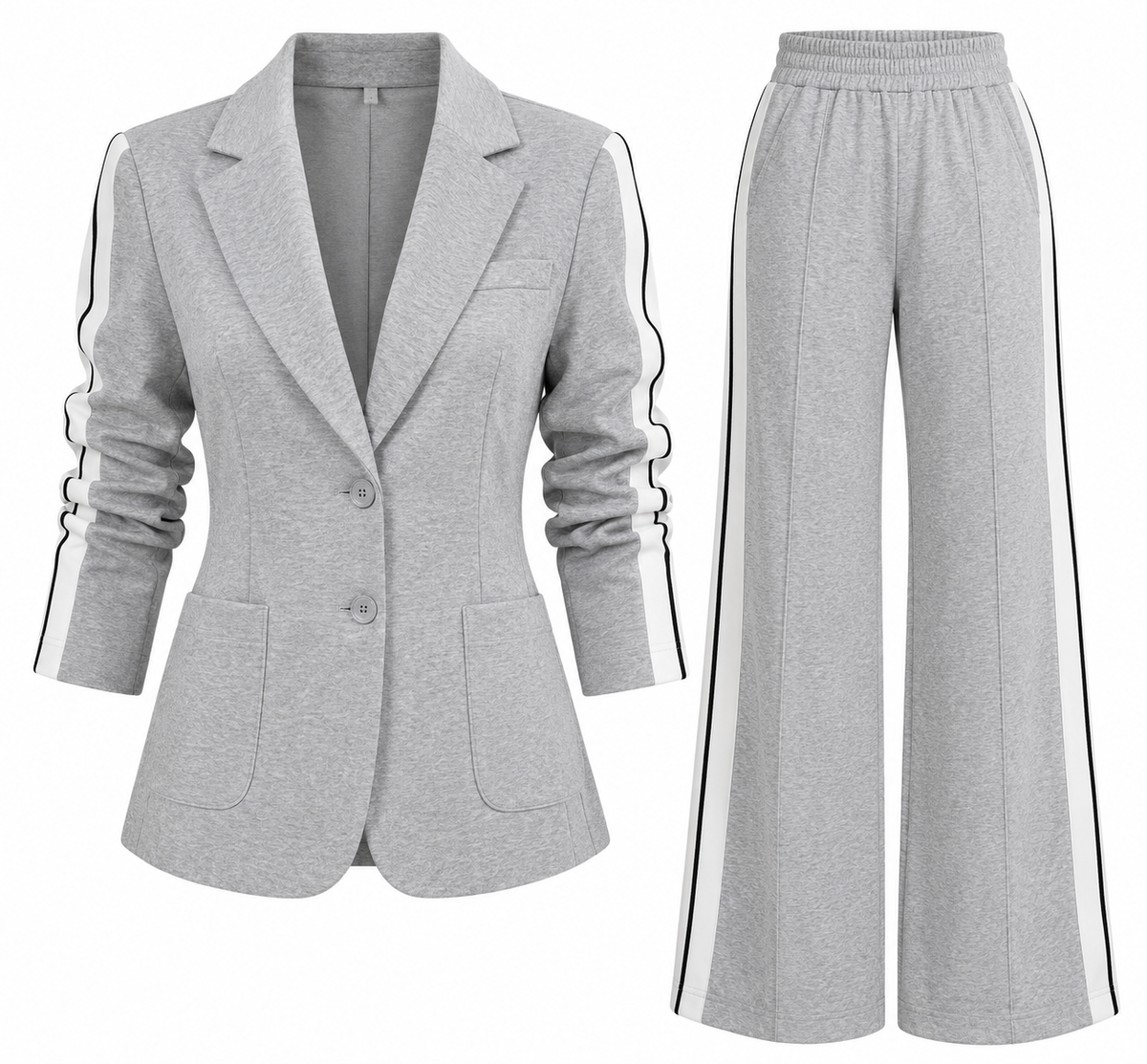 A women's two-piece tracksuit set in heather gray, featuring a blazer with white and black striped sleeves and matching wide-leg pants with white side stripes.
