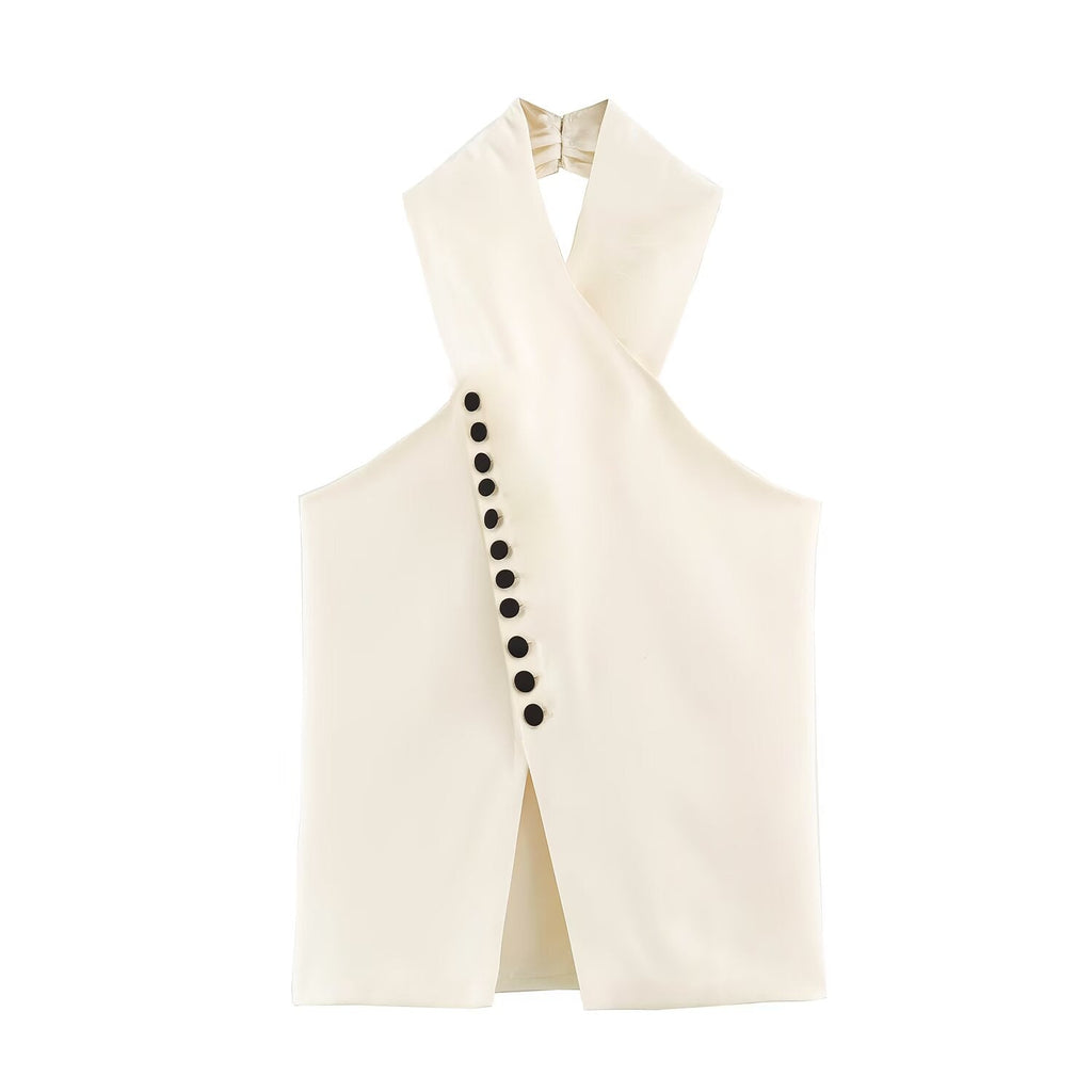 An off-white sleeveless vest with a halter-style crossover neck and a vertical row of black buttons on the front, displayed against a solid white background.
