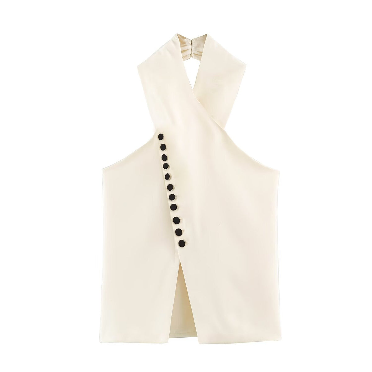 An off-white sleeveless vest with a halter-style crossover neck and a vertical row of black buttons on the front, displayed against a solid white background.