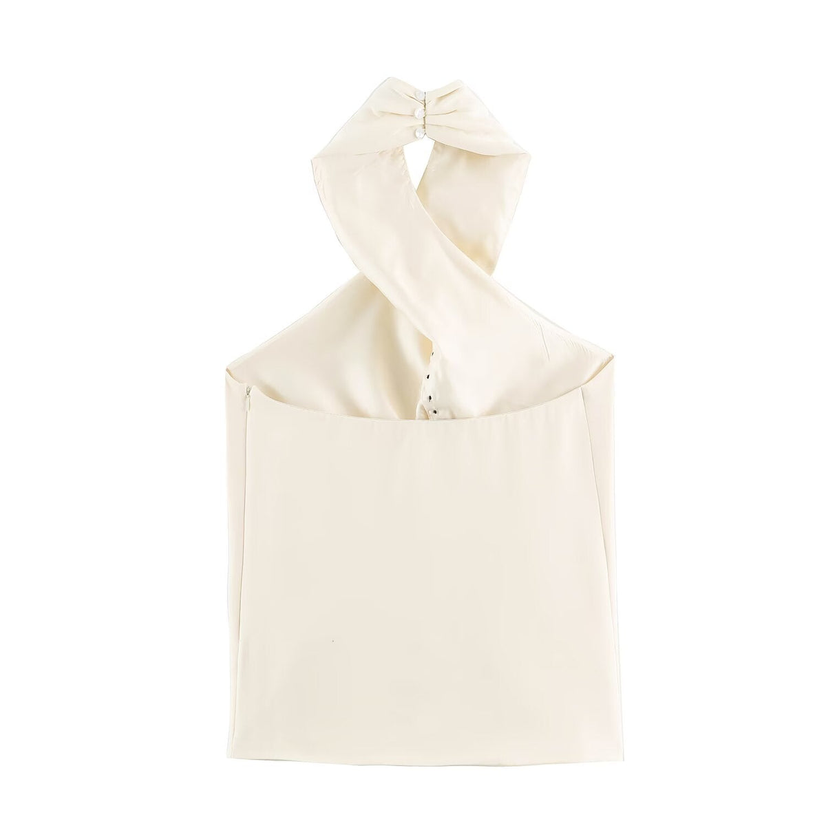 An off-white halter top with a large bow detail at the neck, displayed against a solid white background.