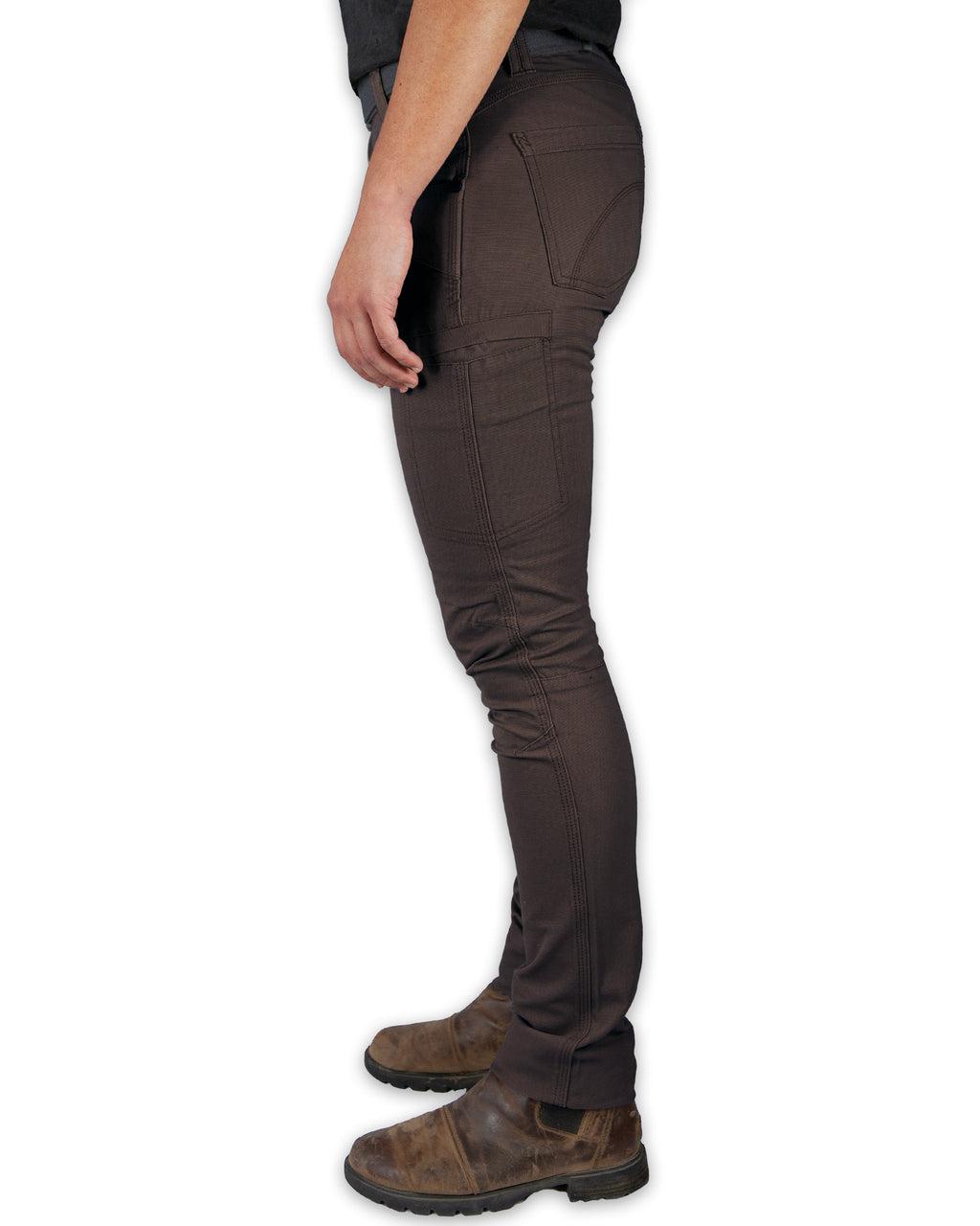 Brown pants worn by a person on a white background