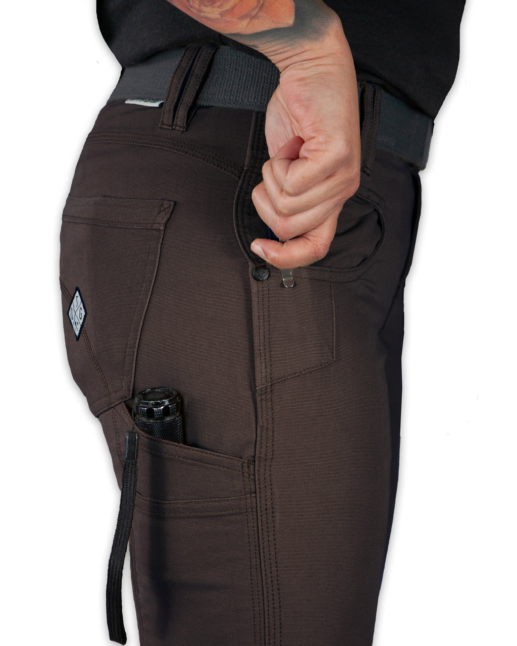 Brown tactical pants with a visible brand logo on a white background