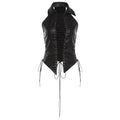 Black faux leather sleeveless corset vest with a pointed collar, front lace-up closure, and long hanging ties, shown against a plain white background.