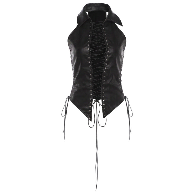 Black faux leather sleeveless corset vest with a pointed collar, front lace-up closure, and long hanging ties, shown against a plain white background.