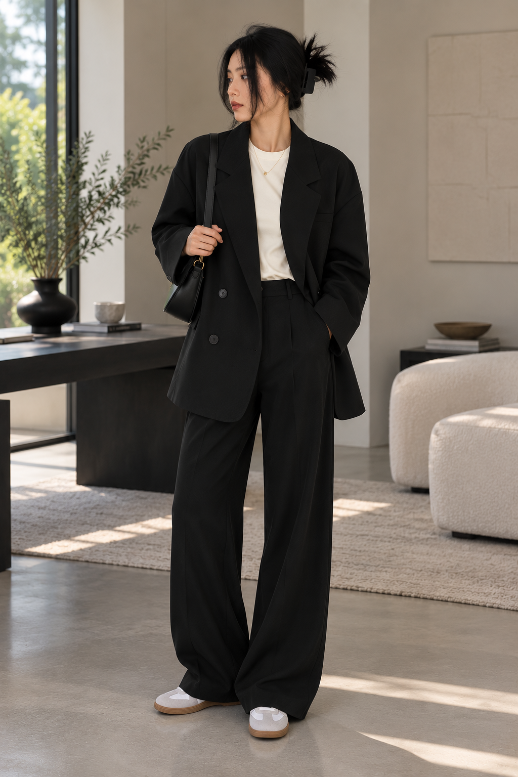 A woman stands in a modern, sunlit room wearing a black tailored blazer and matching wide-leg trousers over a white top, with white slip-on shoes and a black shoulder bag.