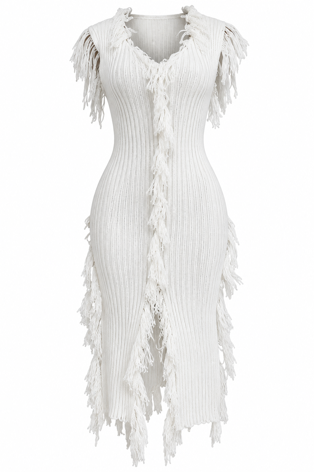 A white ribbed knit dress with fringe detailing along the shoulders, front, and hem, shown against a plain white background.