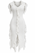 A white ribbed knit dress with fringe detailing along the shoulders, front, and hem, shown against a plain white background.