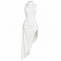A sleeveless white mock-neck dress with a draped, ruched bodice and an asymmetrical draped hemline, displayed on a headless mannequin against a plain white background.