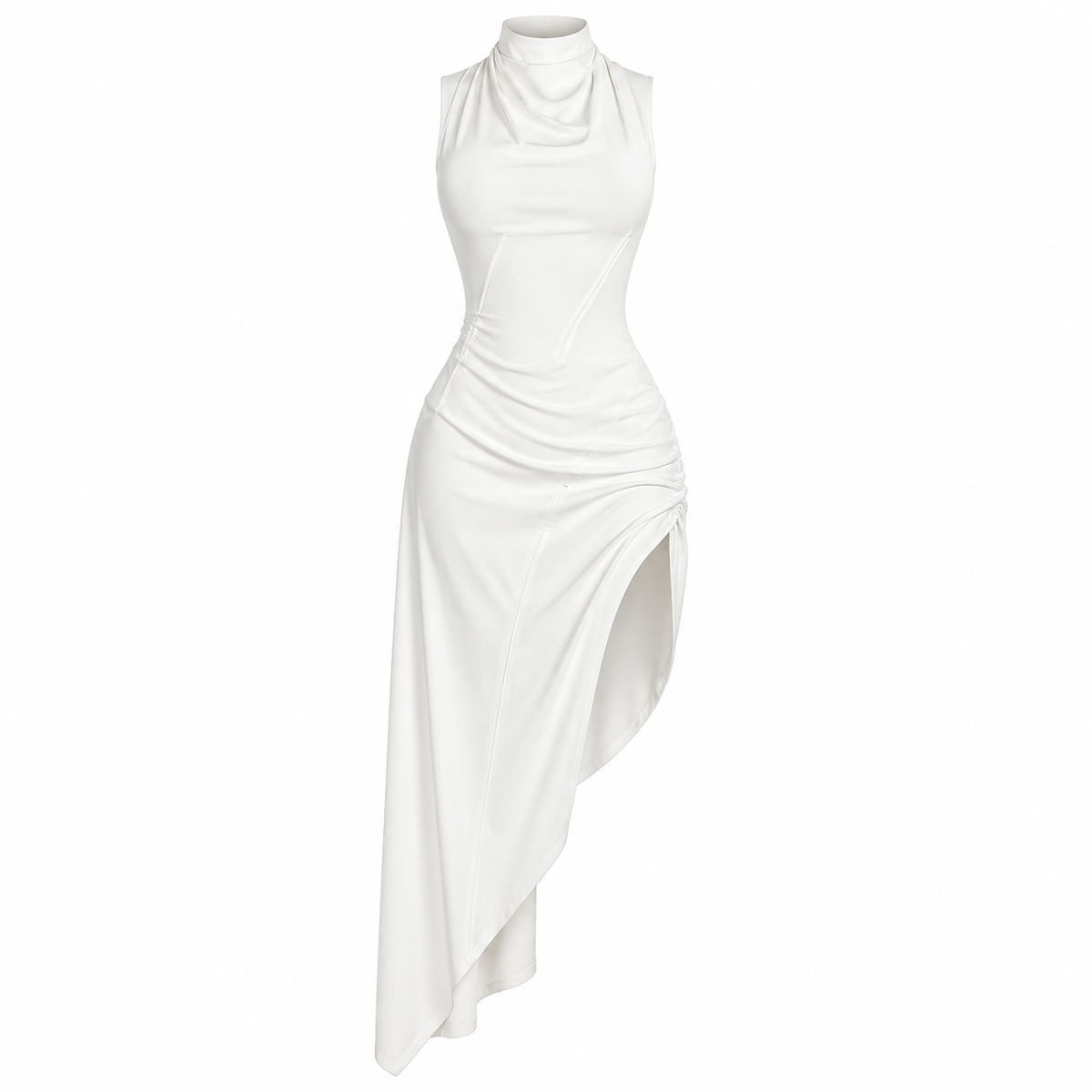 A sleeveless white mock-neck dress with a draped, ruched bodice and an asymmetrical draped hemline, displayed on a headless mannequin against a plain white background.