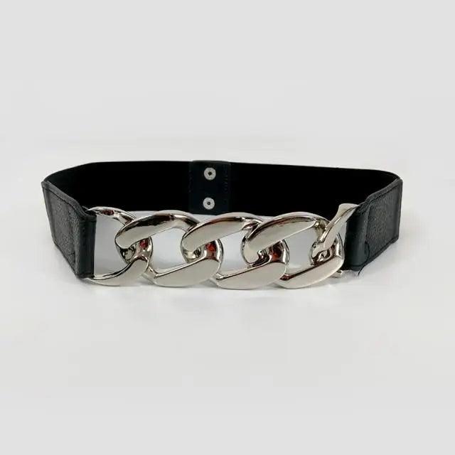 Black belt with silver chain detail on a light gray background