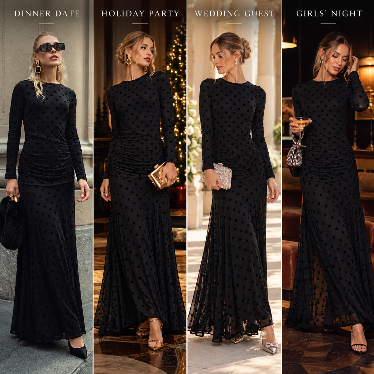 Four-panel collage showing a woman wearing the same black long-sleeve maxi dress in different social occasions: Dinner Date, Holiday Party, Wedding Guest, and Girls' Night. The dress has a subtle polka-dot pattern and gathered ruching along the side.