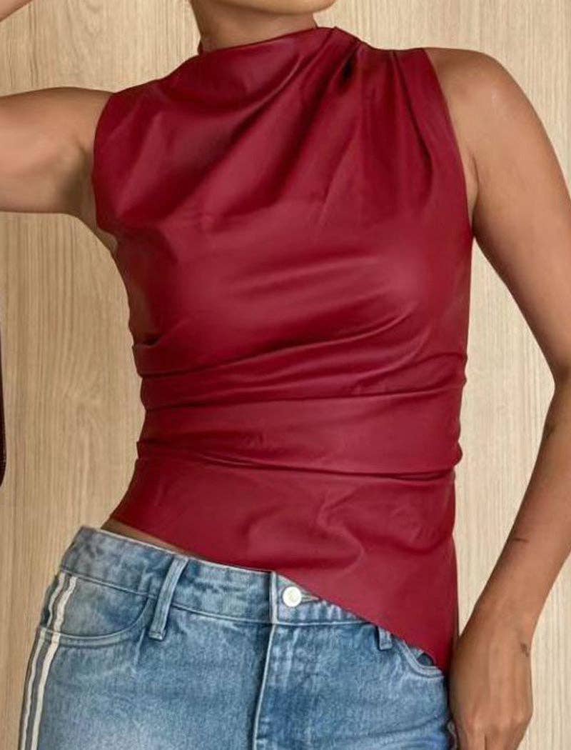 Armour Faux Leather Ruched Sleeveless Top